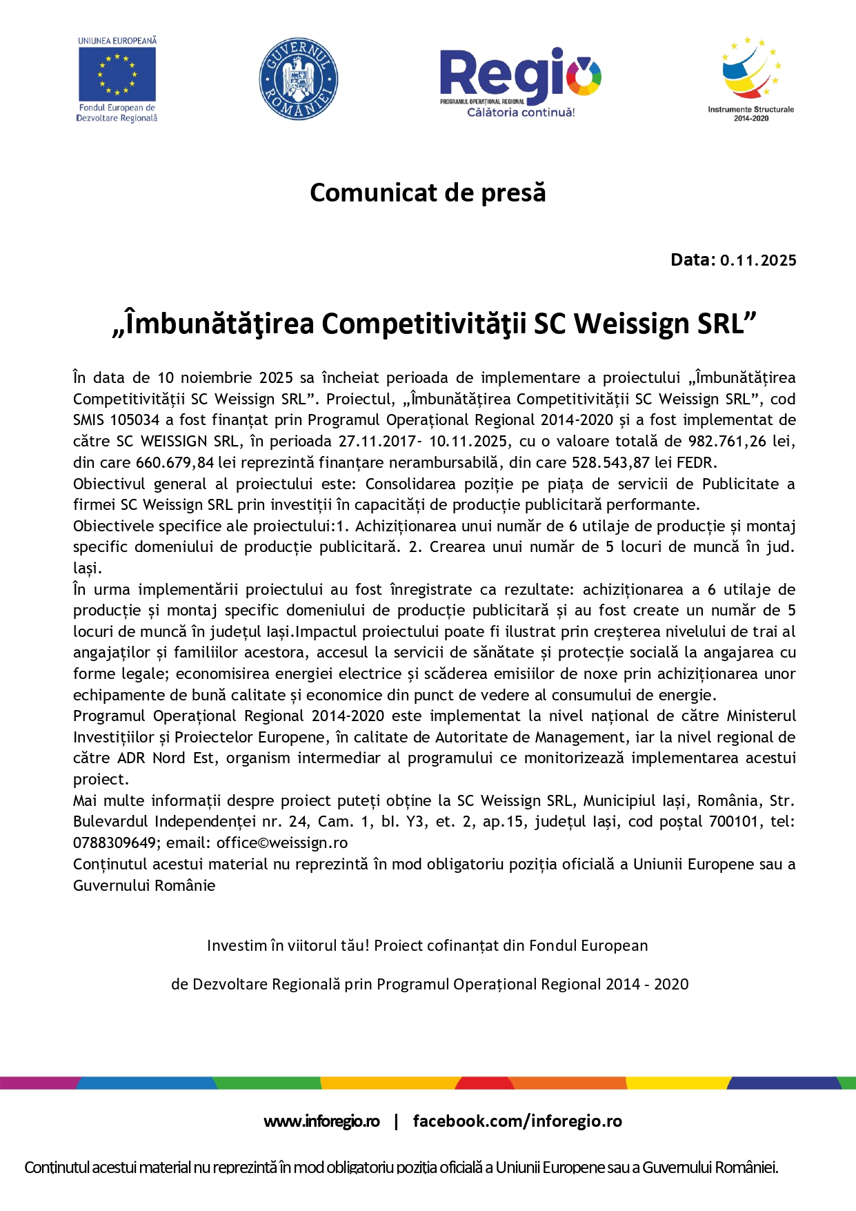 Comunicat de presă SC Weissign SRL